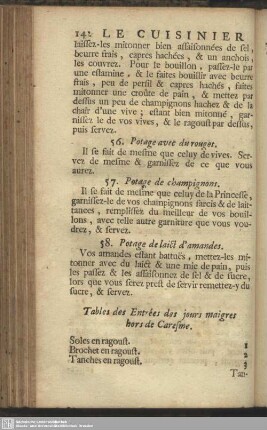 Tables des Entrées des jours maigres hors de Caresme