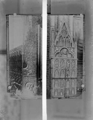 Originalabzug mit Motiven "Chorgestühlswange" und "Kelchschrank" aus der Doberaner Zisterzienser-Klosterkirche, mit Stiften auf Untergrund befestigt