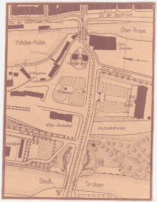 Straßenzug zwischen Holsten- und Puppenbrücke, Lübeck: Ausgangszustand des Stadtraums zwischen Holsten- und Puppenbrücke im Grundriss 1:500, Maßstabsleiste