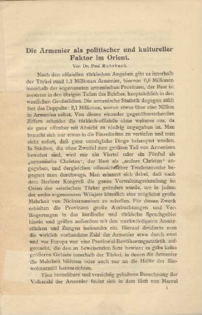 Die Armenier als politischer und kultureller Faktor im Orient. Von Dr. Paul Rohrbach