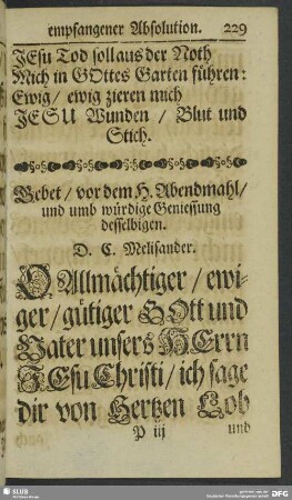 Gebet, vor dem H. Abendmahl, und umb würdige Geniessung desselbigen