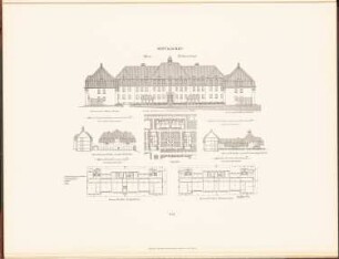 Hospital, Berlin-Buch: Lageplan, Grundriss EG, 1.OG, Ansichten, Schnitte Pavillonanlage (aus: Neubauten der Stadt Berlin, Bd. IX, 1910)
