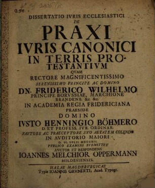 Dissertatio Ivris Ecclesiastici De Praxi Ivris Canonici In Terris Protestantivm