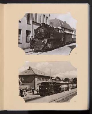 Albumseite mit zwei Postkarten von Lokomotiven : Sammelalbum mit Fotografien (Postkarten) von Dampflokomotiven. Kunstledereinband; 27,5 x 21,8 x 2 cm (um 1970). Dresden: SLUB/DF 2009.C.30