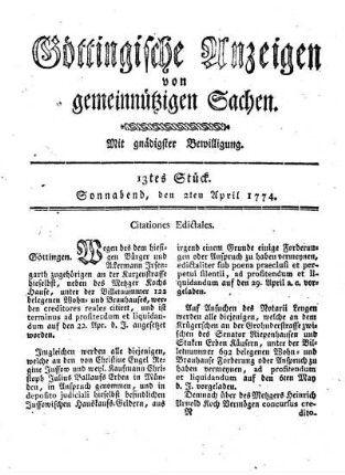 13tes Stück. Sonnabend, den 2ten April 1774.