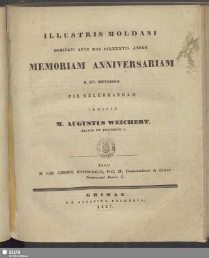 1837: Illustris Moldani dedicati ante hos ... annos memoriam anniversariam ... pie celebrandam ... indicit
