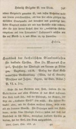 741-751 [Rezension] Hagel, Maurus, Handbuch der katholischen Glaubenslehre für denkende Christen