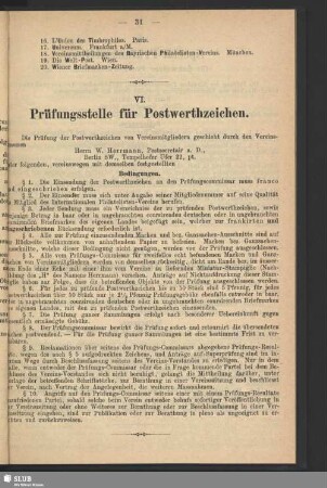 VI. Prüfstelle für Postwerthzeichen
