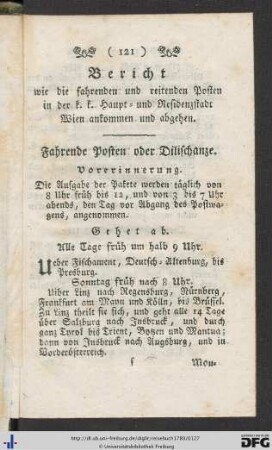 Bericht wie die fahrenden und reitenden Posten in der k.k. Haupt- und Residenzstadt Wien ankommen und abgehen.