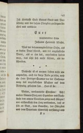 147 Rede des Herrn Pred. Cramers bey Wasers Enthauptung