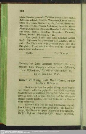 Ueber Bildung und Umbildung organischer Körper : Vortrag des Herrn Stadtrath Apotheker Struve, gehalten beim Vorzeigen einiger neuen Heilmittel, wie Chloroform, Tri-Chlor-Kohlenstoff [et]c., am 3. November 1848
