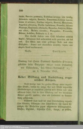 Ueber Bildung und Umbildung organischer Körper : Vortrag des Herrn Stadtrath Apotheker Struve, gehalten beim Vorzeigen einiger neuen Heilmittel, wie Chloroform, Tri-Chlor-Kohlenstoff [et]c., am 3. November 1848
