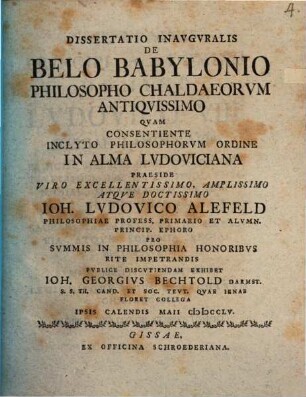 Diss. inaug. de Belo Babylonio philosopho Chaldaeorum antiquissimo