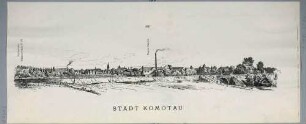 Panoramaansicht von Komotau (heute Chomutov) in Nordböhmen, entlang der Dux-Bodenbacher Eisenbahnlinie, mit Legende