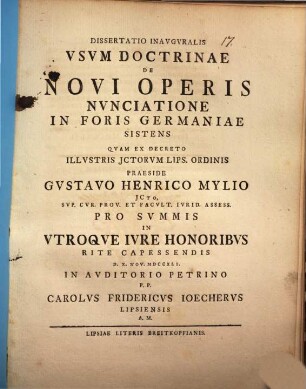 Dissertatio Inavgvralis Vsuvm Doctrinae De Novi Operis Nvnciatione In Foris Germaniae Sistens