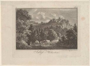 Die Burg Hohnstein in der Sächsischen Schweiz von Westen über das Polenztal aufgenommen, im Vordergrund ein Fuhrwerk, II. Zustand