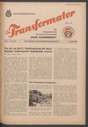 TRO-Betriebszeitung 'Der Transformator'; Nr. 14/1952 (Juli 1952)
