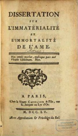 Dissertation Sur L'Immatérialité Et L'Immortalité De L'Ame
