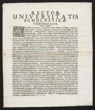 Rector Universitatis Scholasticae Tubingensis. Lectori Salutem