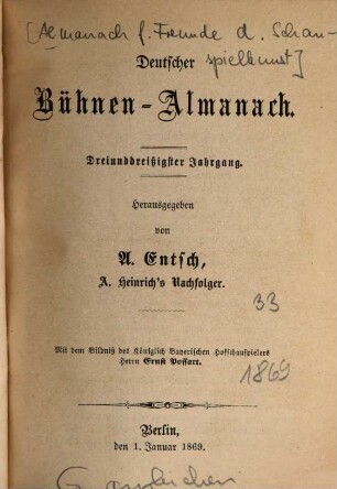 Deutscher Bühnenalmanach. 33. 1869
