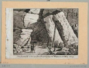 Unglücksfall in den Weißen Steinbrüchen östlich von Wehlen am 11. Mai 1829: Arbeiter und Särge unter abgestützten Felsen