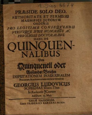 De quinquenalibus : Von Quinquenell oder Anstands-Briefen