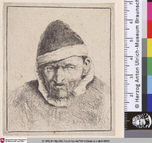 [Büste eines mürrischen Alten mit spitzer Mütze; Peasant in a pointed fur cap; Paysan avec un bonnet pointu]