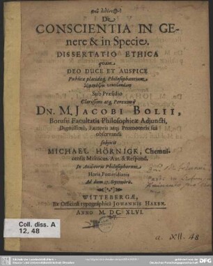 De conscientia in genere & in specie : dissertatio ethica