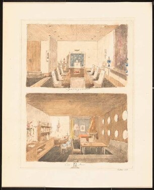 Landhaus, Nyon (Haus Schwebes, zahlreiche Varianten): Perspektivische Ansicht (Innenraum: Essbereich, Bar)