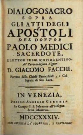 Dialogo Sacro Sopra Gli Atti Degli Apostoli