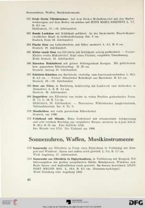 Sonnenuhren, Waffen, Musikinstrumente (Nr. 372-391)