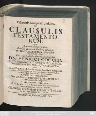 Dissertatio Inauguralis Juridica, De Clausulis Testamentorum