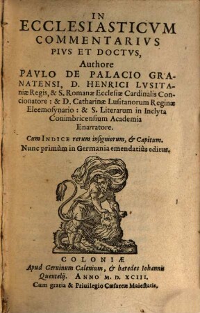 In Ecclesiasticvm Commentarivs Pivs Et Doctvs : Cum Indice ...