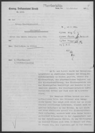 Hülben: Visitationsbericht mit Pfarrbericht 1953