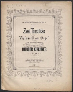 Zwei Tonstücke : für Violoncell u. Orgel ; zum Concertvortrag ; op. 92