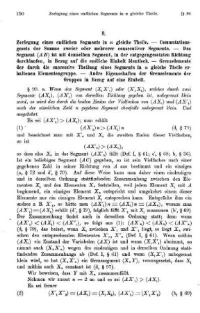 8. Zerlegung eines endlichen Segments in n gleiche Theile. - Commutationsgesetz der Summe zweier oder mehrer consecutiver Segmente. - Das Segment (AB) ist mit dem selben Segment in der entgegengesetzten Richtun