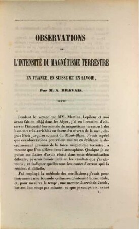 Observations de l'intensité du magnétisme terrestre en France, en Suisse et en Savoie