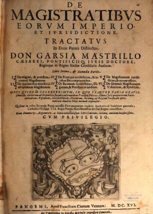 De Magistratibvs Eorvm Imperio, Et Ivrisdictione : In Duas Partes Distinctus, [1]