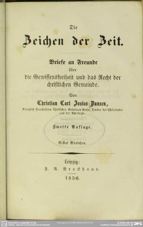 1: Die Zeichen der Zeit : Briefe an Freunde über die Gewissensfreiheit und das Recht der christlichen Gemeinde