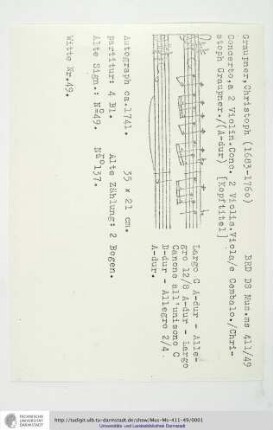 Concerto, a 2 Violin. Conc. 2 Violin. Viola / e Cembalo. / Christoph Graupner.