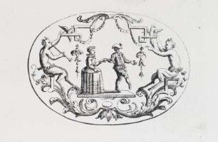 Inventions chinoises, Groteske : Unbekannter Künstler: Groteske mit Paar (Dame und Harlekin) und Satyrn. Aus: Inventions chinoises III, Blatt 26. Kupferstich; 145 x 210 mm. Dresden: Kupferstich-Kabinett in B 1156,2 (III)
