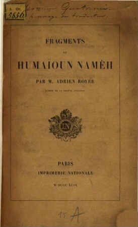 Fragments du Humaïoun-namèh, par Adrien Royer