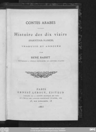 Contes arabes : histoire des dix vizirs (Bakhtiar-nameh)