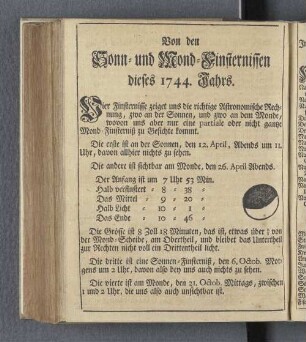 Von den Sonn- und Mond-Finsternissen dieses 1744. Jahrs.