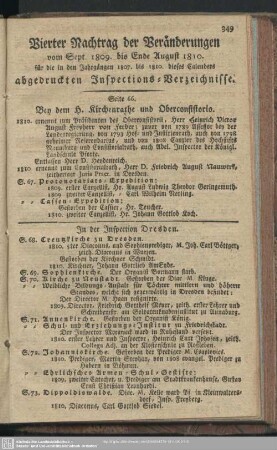Vierter Nachtrag der Veränderungen vom Sept. 1809 bis Ende August 1810 für die in den Jahrgängen von 1807 bis 1810 dieses Calenders abgedruckten Inspections-Verzeichnisse