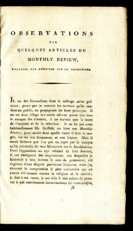 Observations sur quelques Articles du Monthly Review, relatifs aux Mémoires sur le Jacobinisme.