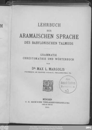 Lehrbuch der aramäischen Sprache des babylonischen Talmuds : Grammatik, Chrestomathie und Wörterbuch