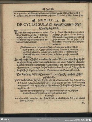 Numero 25. De Cyclo Solari, vom Sonnen- oder Sontags-Circul