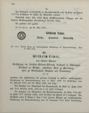 Nr. 112: Drittes Gesetz zur vorübergehenden Abänderung der Gemeindeordnung