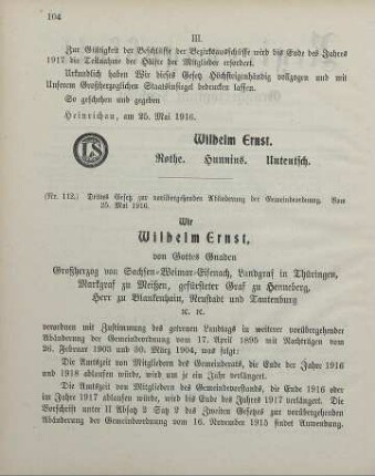 Nr. 112: Drittes Gesetz zur vorübergehenden Abänderung der Gemeindeordnung